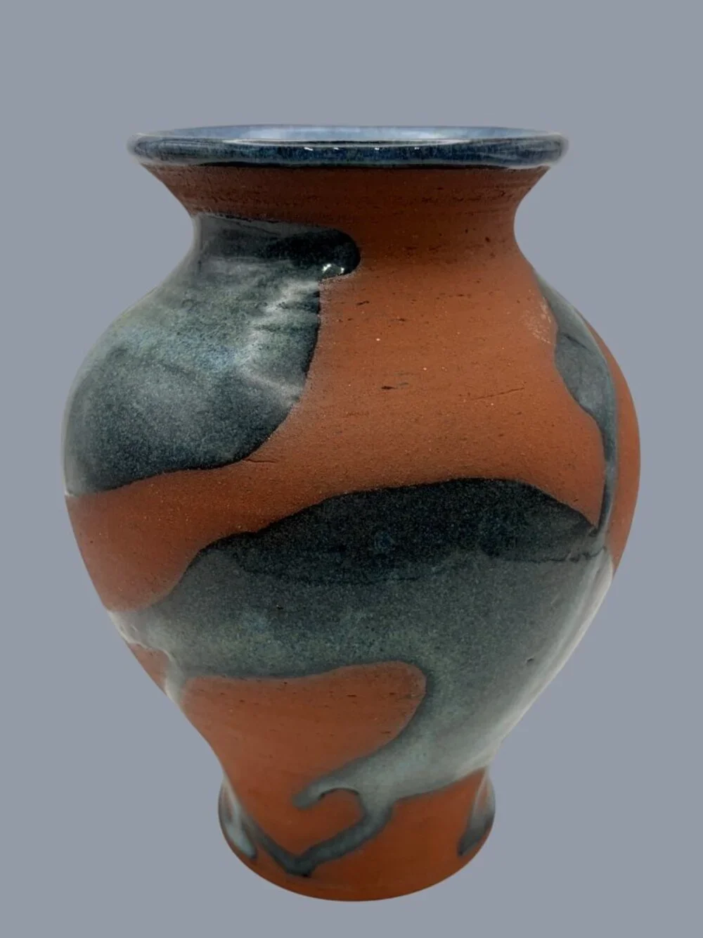 SIGNED Prisca Studio Pottery Vase Blue Drip Glaze Terracotta Art Ceramic 7.5”
